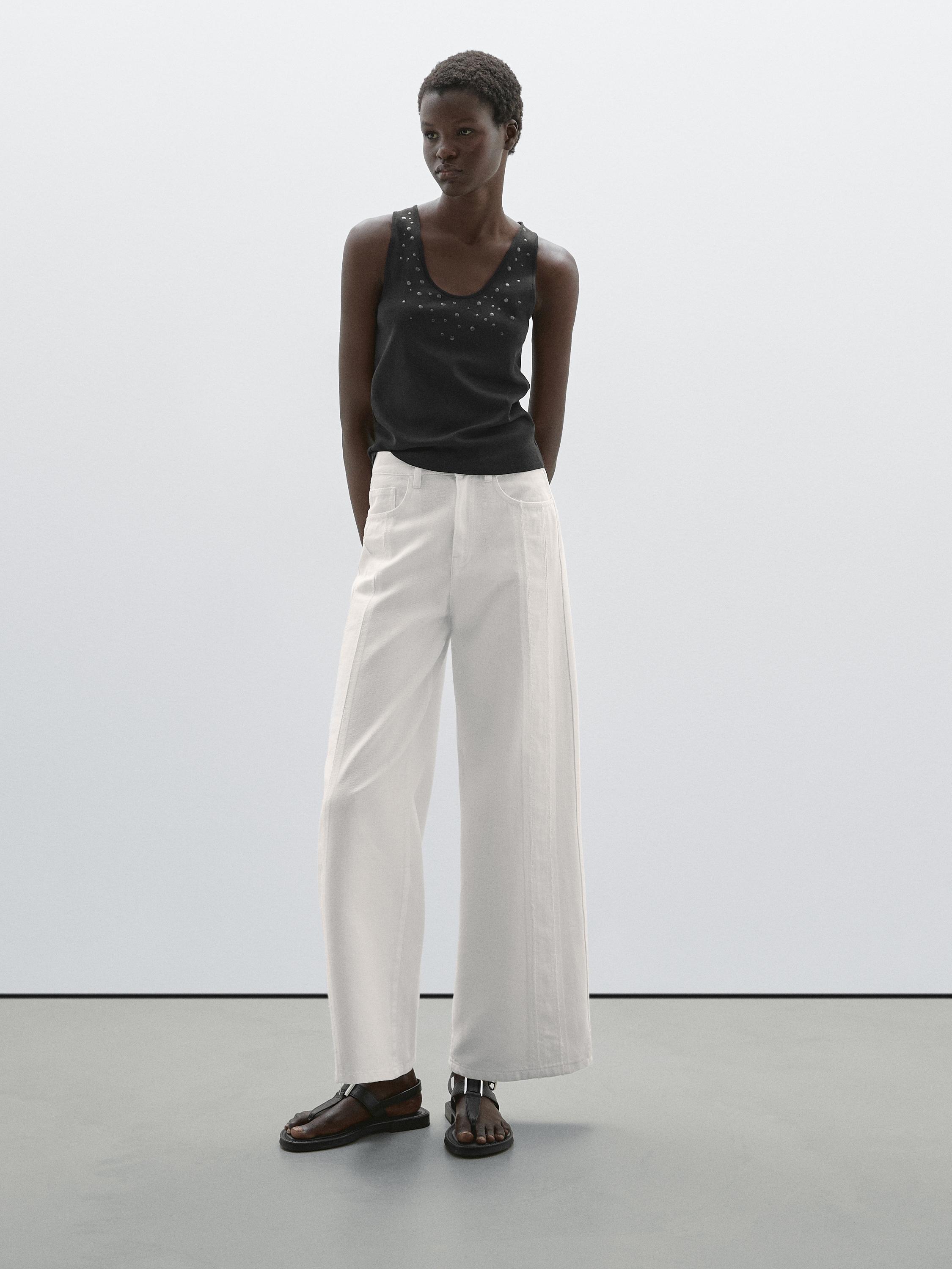 High-waist wide-leg jeans with seam details - White | ZARA