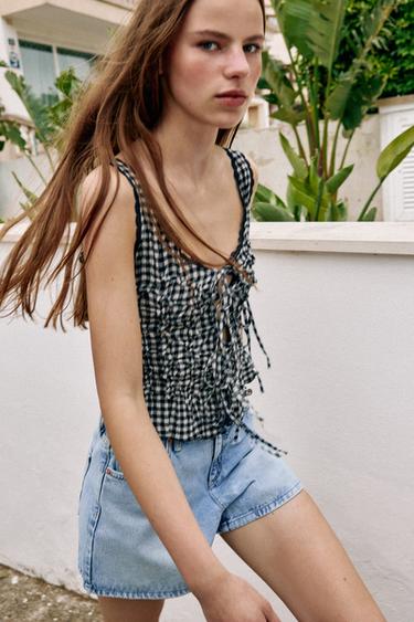 DRAPED GINGHAM TOP - Ecru / Blue by Zara - Image 2