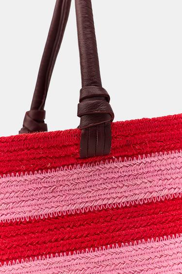 SAC EN JUTE ET CUIR À RAYURES - Rouge de Zara