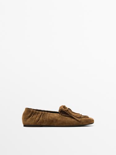 Mocassins croûte de cuir à franges - Marron clair de Zara