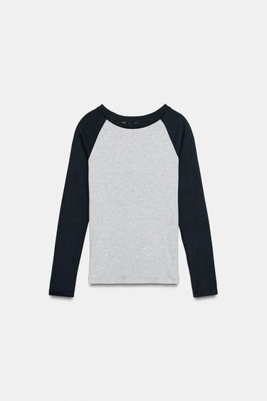 CAMISETA CONTRASTE MANGA LARGA - Gris / Azul de Zara - Imagen 0