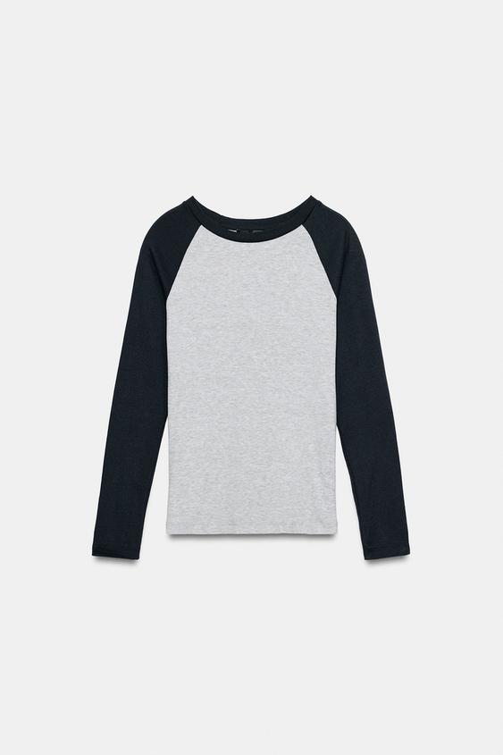 CAMISETA CONTRASTE MANGA LARGA - Gris / Azul de Zara - Imagen 0