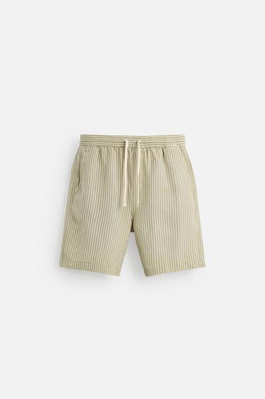BERMUDA RAYURES LIN - VISCOSE - écru/vert kaki de Zara - Image 6