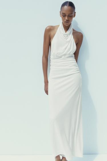 Zara LONG OPEN BACK HALTER DRESS - White