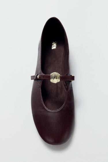 SOFT LEATHER BALLET FLATS - Burgundy Red by Zara
