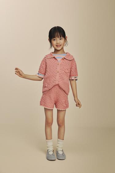 Zara 花朵針織 POLO 衫 - 珊瑚粉色
