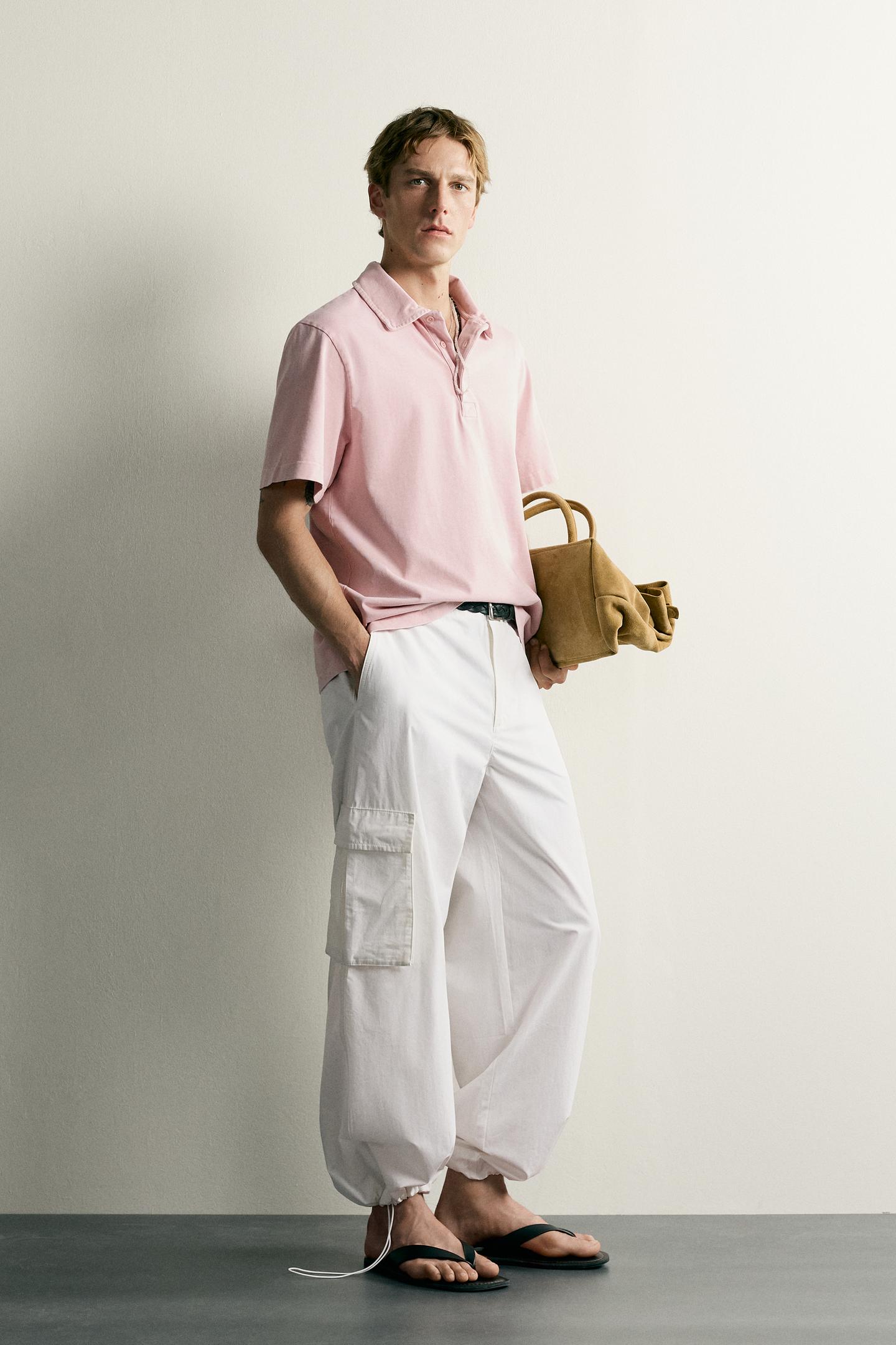 Мужское поло Zara Regular Fit Textured Polo, цвет: Розовый / Белый — фото 4
