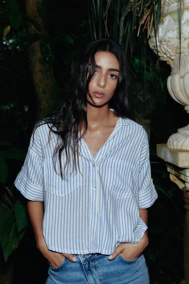 Zara LINEN BLEND CROPPED SHIRT - White / Sky blue