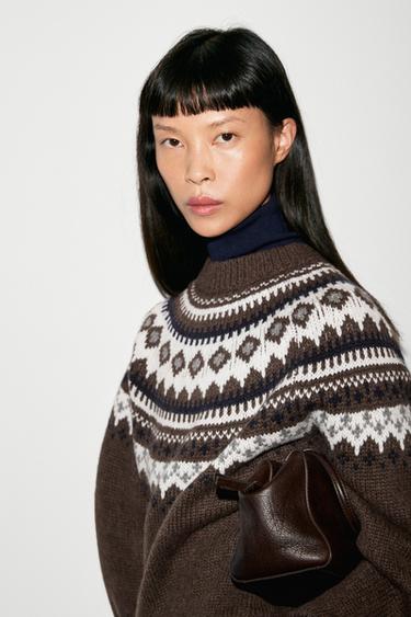 Wool blend jacquard knit sweater — Brown 2