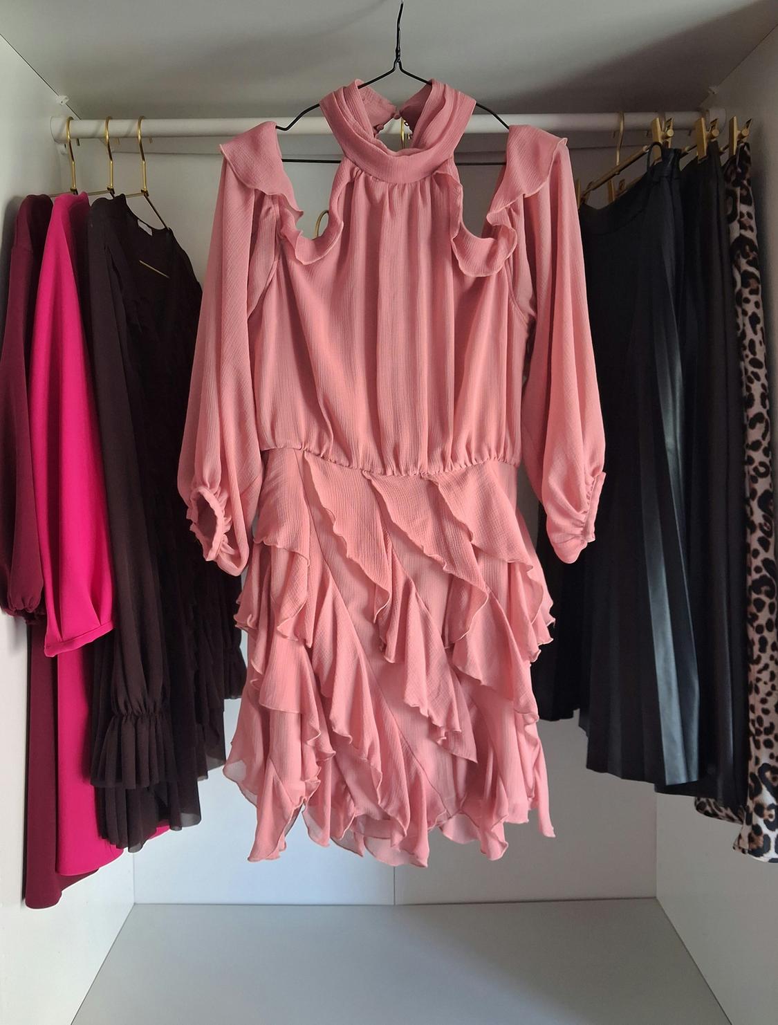 Pink ruffled dress hanging in a wardrobe next to other dark-coloured and leopard print garments.