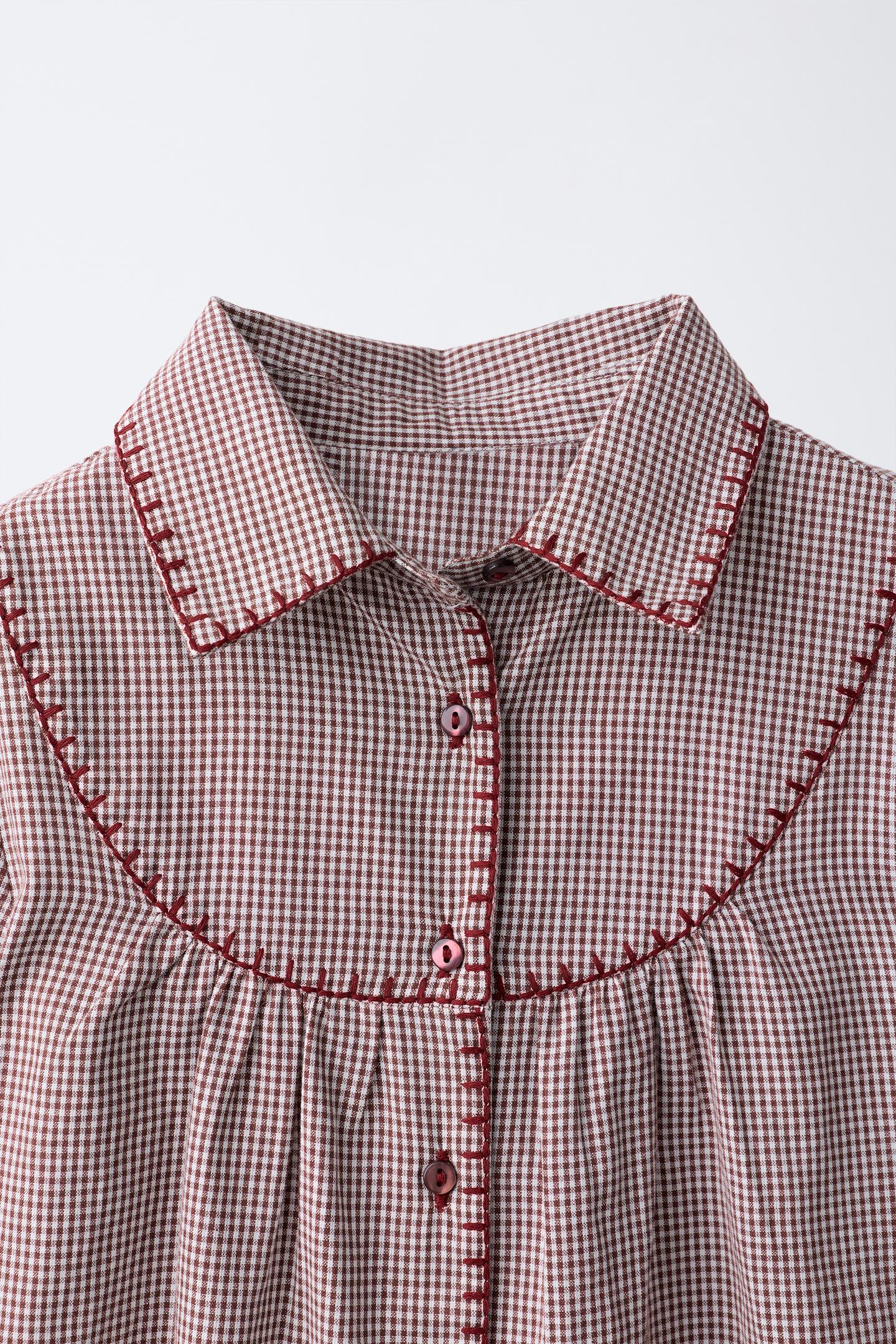 Детская рубашка Zara Check Stitch, цвет: Бордо / Экрю — фото 3