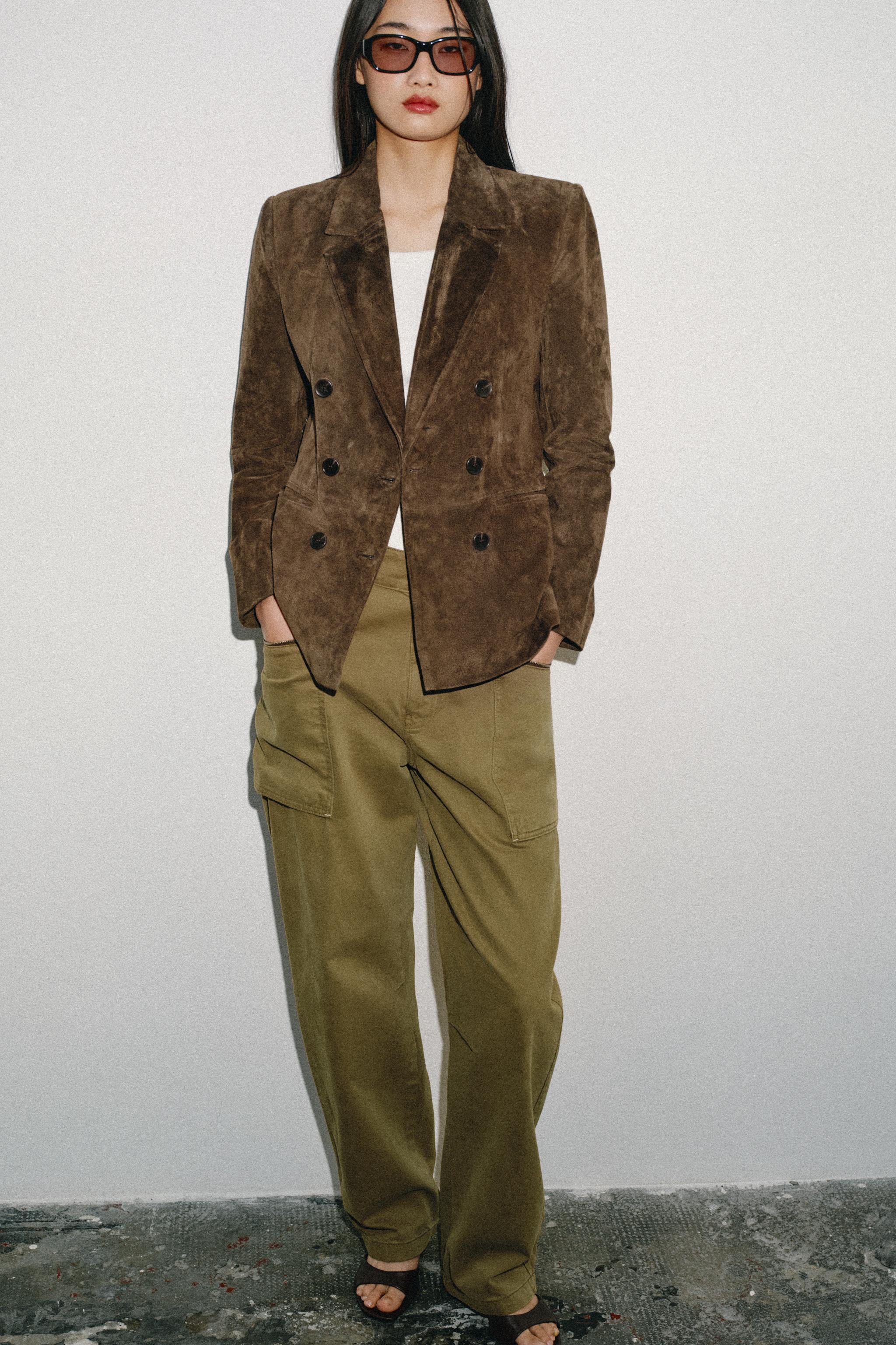 BLAZER À BOUTONNAGE CROISÉ 100% CUIR DAIM