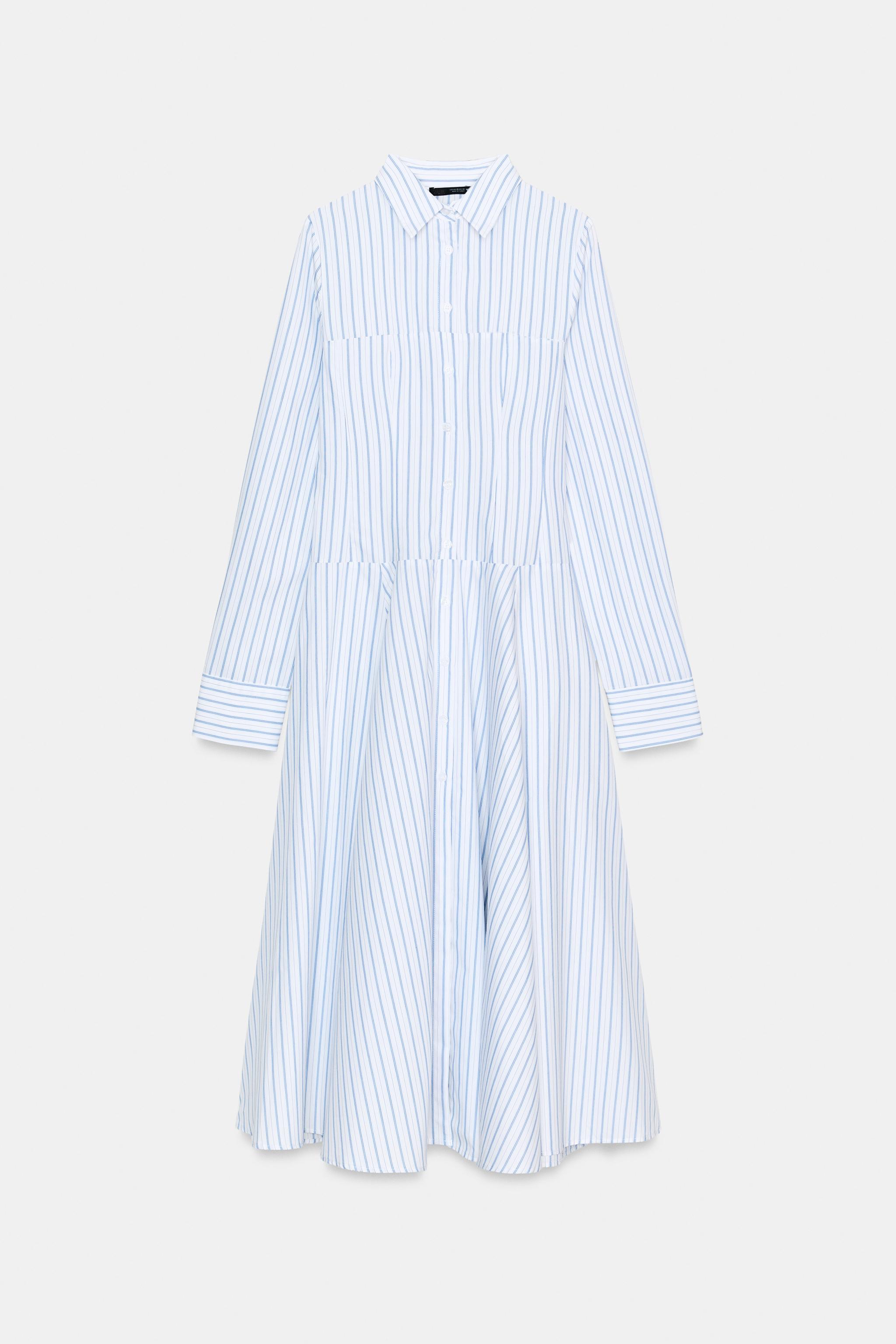 blue and white striped button up dress Striped Shirt Dress with Waist Tie in White and Blue Stripes main image 0