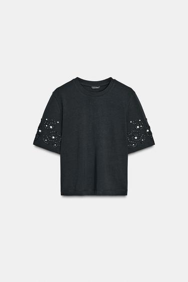 EMBROIDERED BEADED T-SHIRT - Black by Zara - Image 5