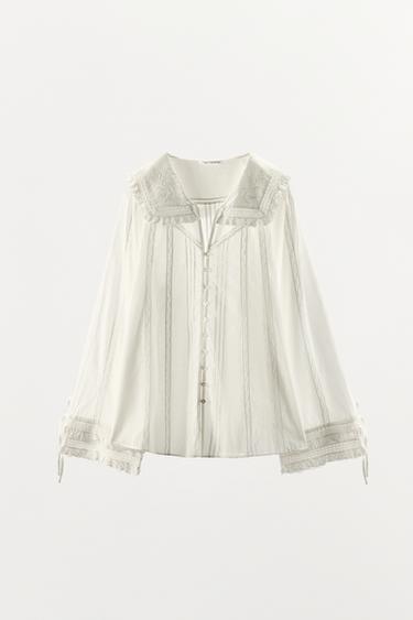 100% COTTON BLOUSE WITH LACE EMBROIDERY - Oyster-white by Zara - Image 6