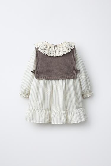 STRIPED DRESS WITH KNIT VEST — Mid-ecru 2
