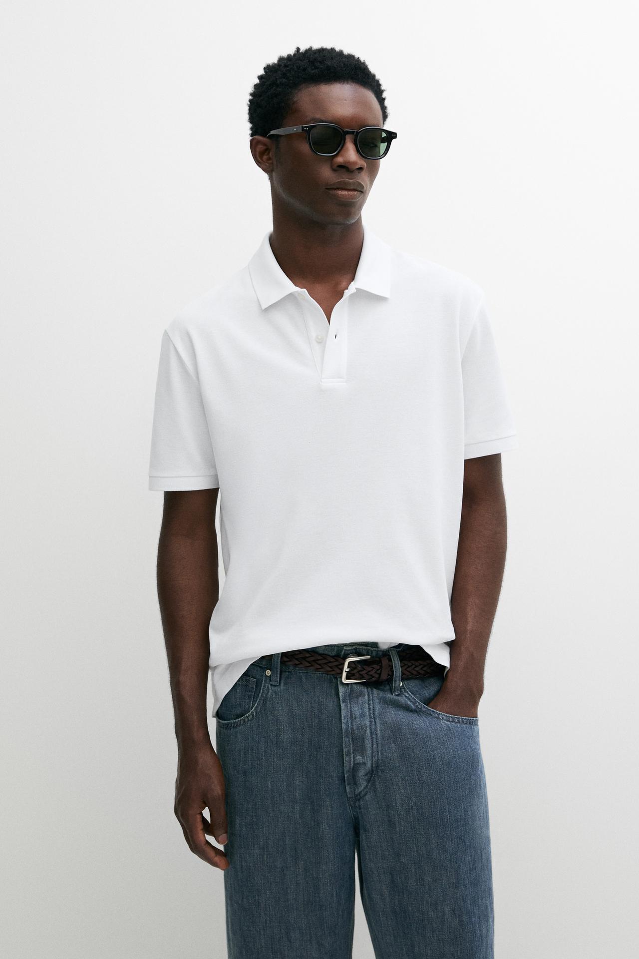 Micro-textured cotton piqué polo shirt — White