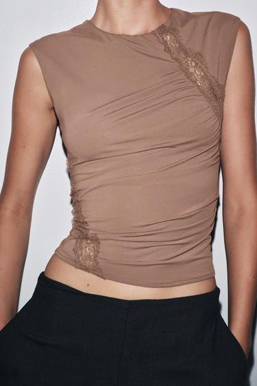 LACE POLYAMIDE TOP - Brown by Zara - Image 1