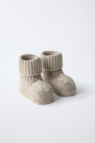 COTTON FLOWER BOOTIES - Sand Brown by Zara - Image 1