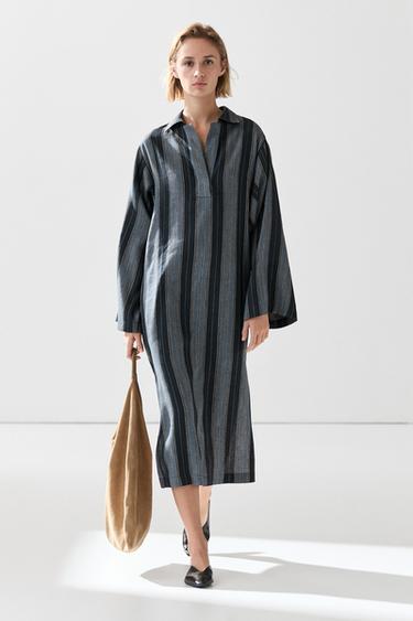 Zara Striped linen cotton blend kaftan - Blue - Image 0