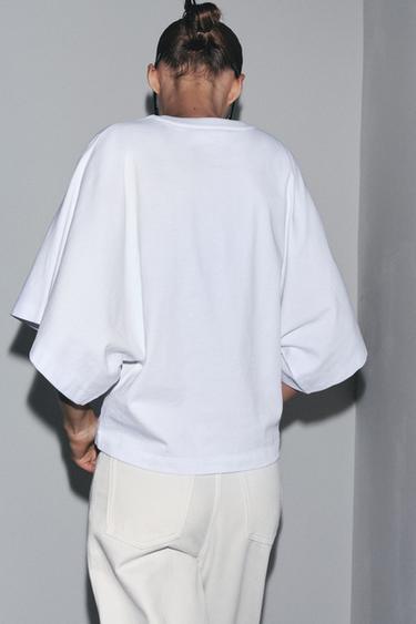 T-SHIRT DÉLAVÉ À MANCHES CAPE - Blanc de Zara - Image 3