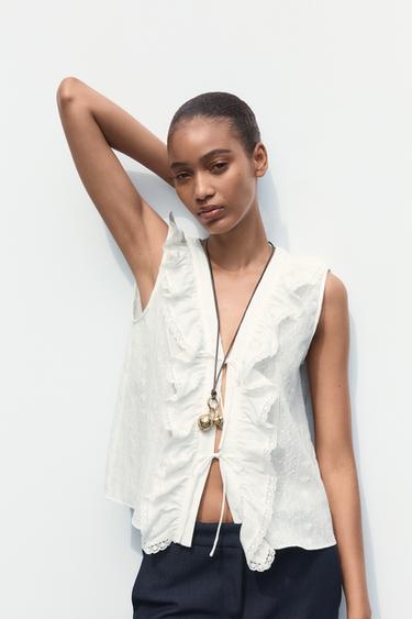 CAMISA BRODATS PERFORATS I VOLANTS - Blanc de Zara