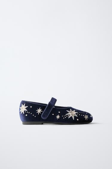 EMBROIDERED VELVET BALLERINA FLATS - Blue by Zara