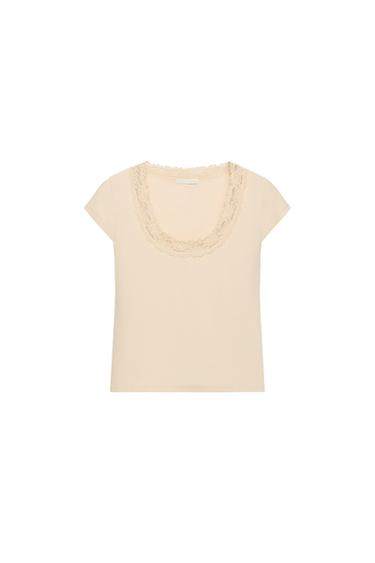 Zara 蕾絲領棉混紡上衣 - 嫩粉色