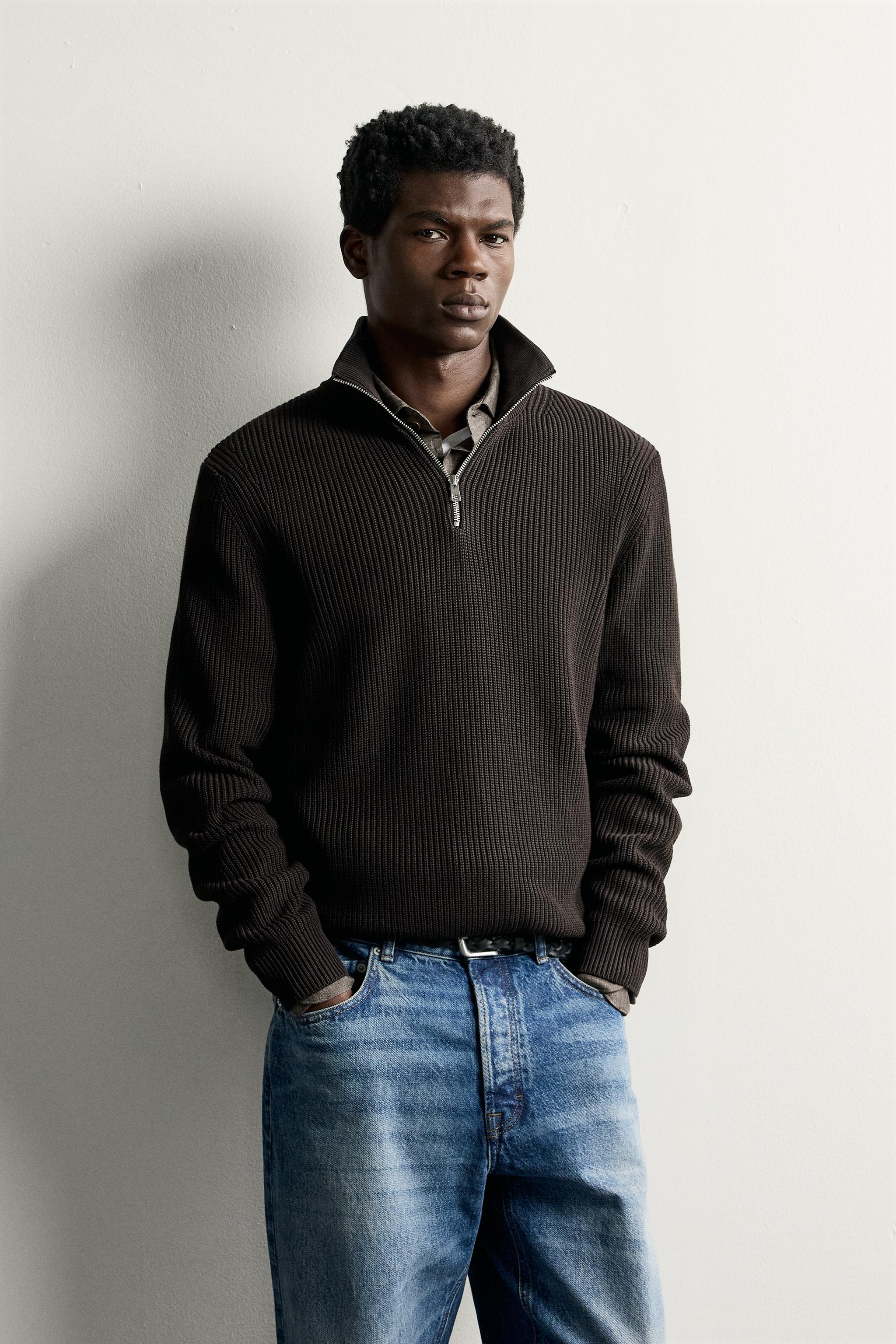 PURL KNIT QUARTER-ZIP SWEATER - Navy blue | ZARA United States