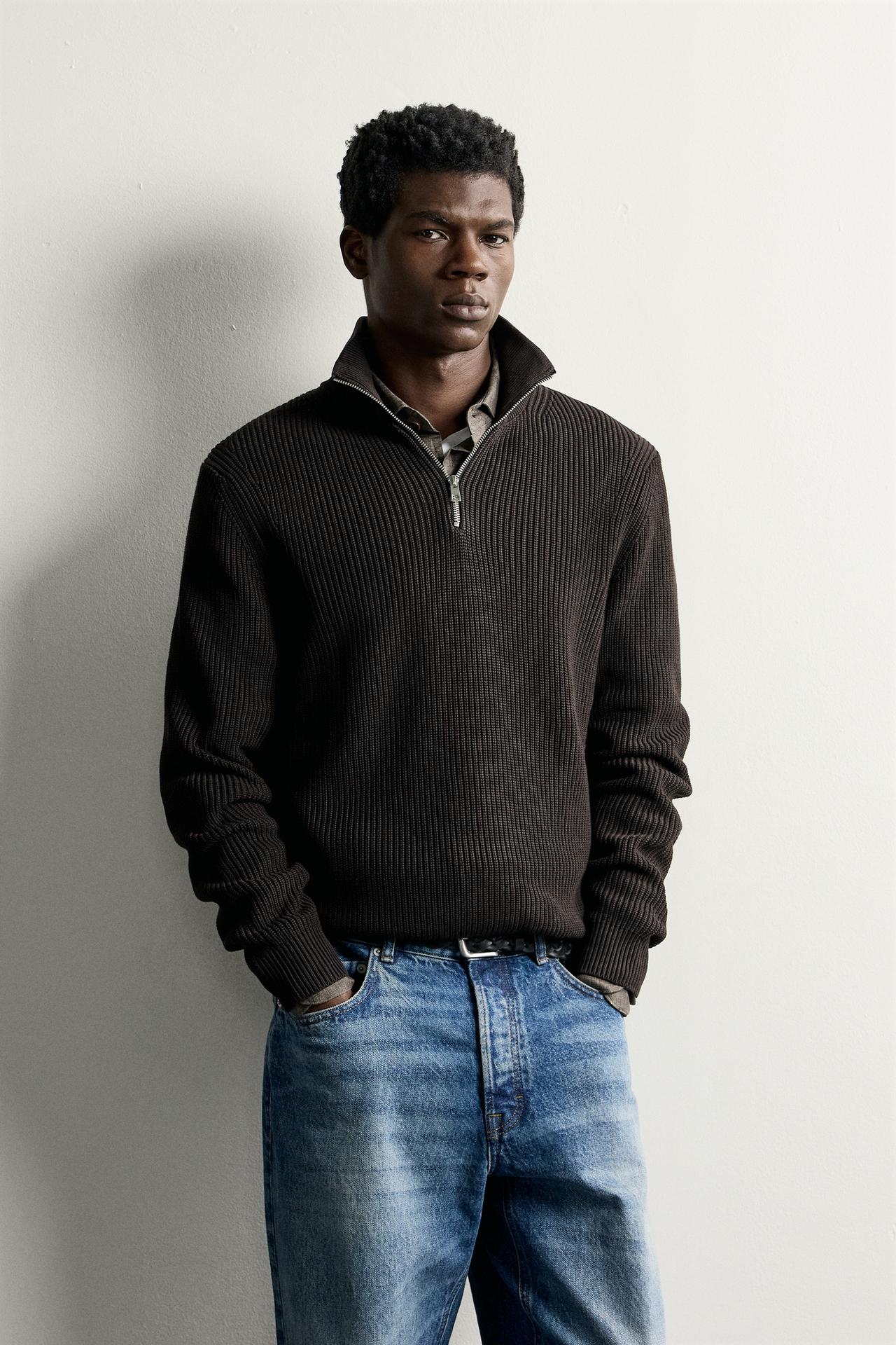 PURL KNIT QUARTER-ZIP SWEATER — Chocolate