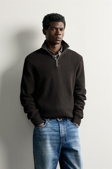 PURL KNIT QUARTER-ZIP SWEATER — Chocolate 2