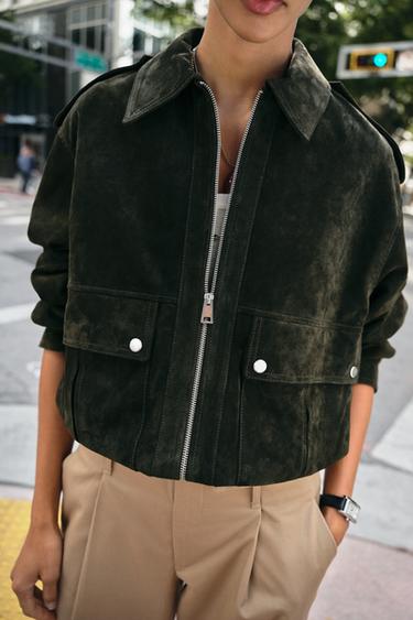 100% SUEDE LEATHER JACKET - Khaki by Zara