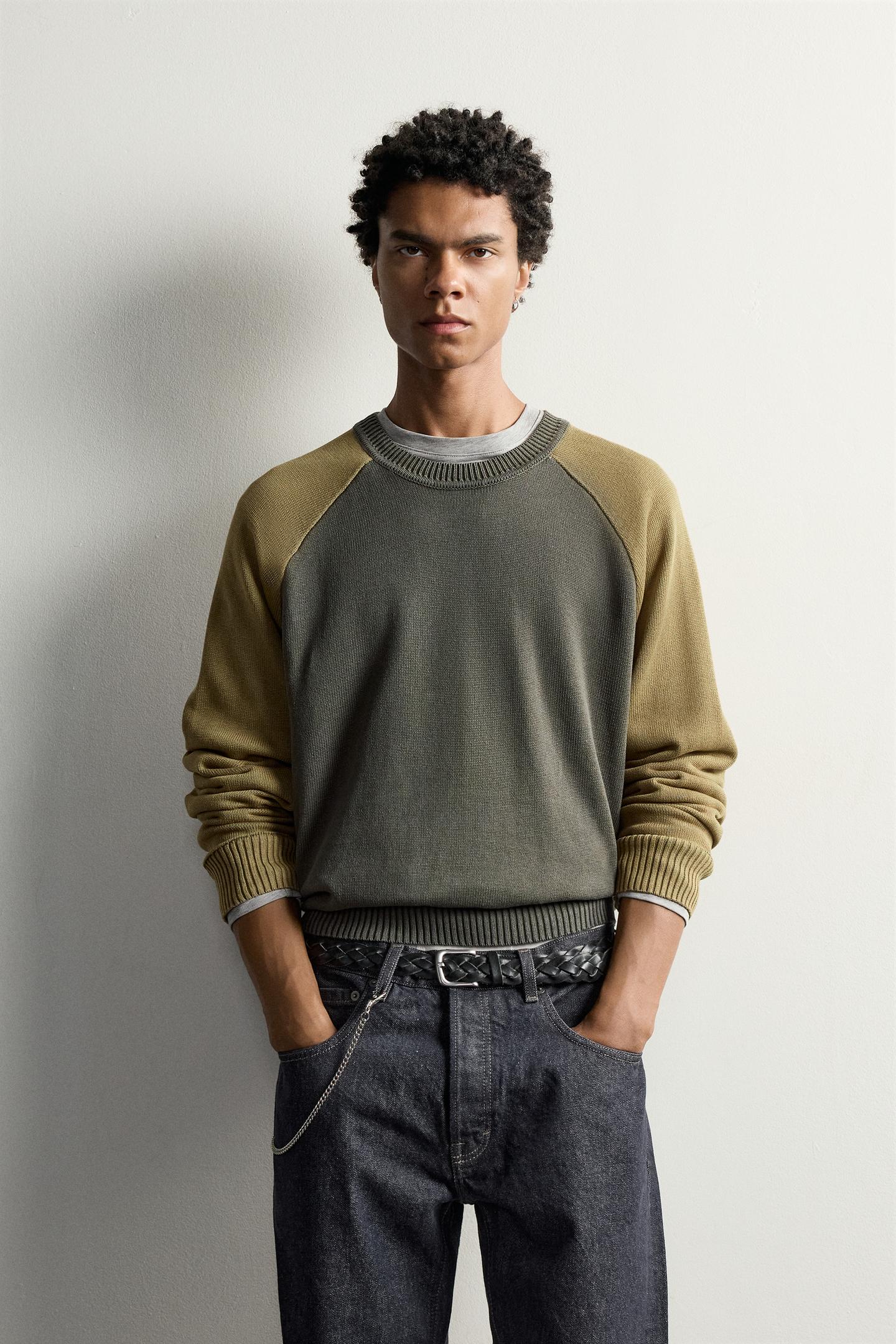 Мужской свитер Zara Colorblock Relaxed Fit, цвет: Хаки — фото 2