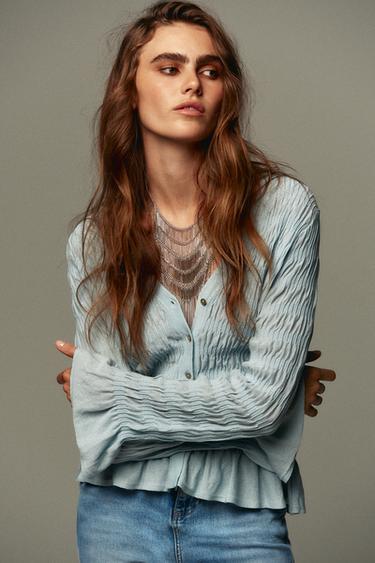 GATHERED KNIT CARDIGAN - Light blue by Zara