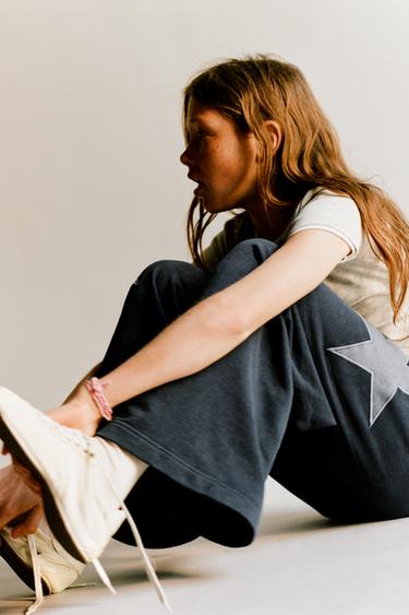 WASHED-EFFECT WIDE-LEG PLUSH TROUSERS WITH STARS - Anthracite grey by Zara