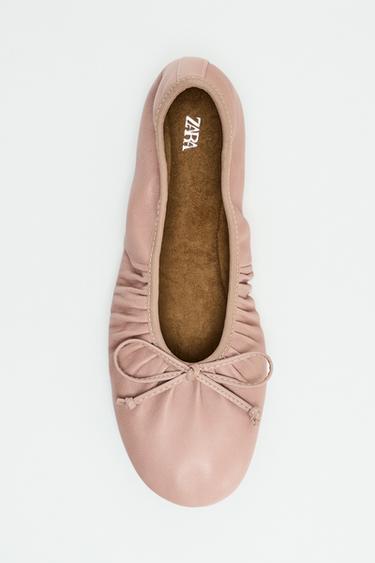 GATHERED LEATHER BALLET FLATS - Pink by Zara