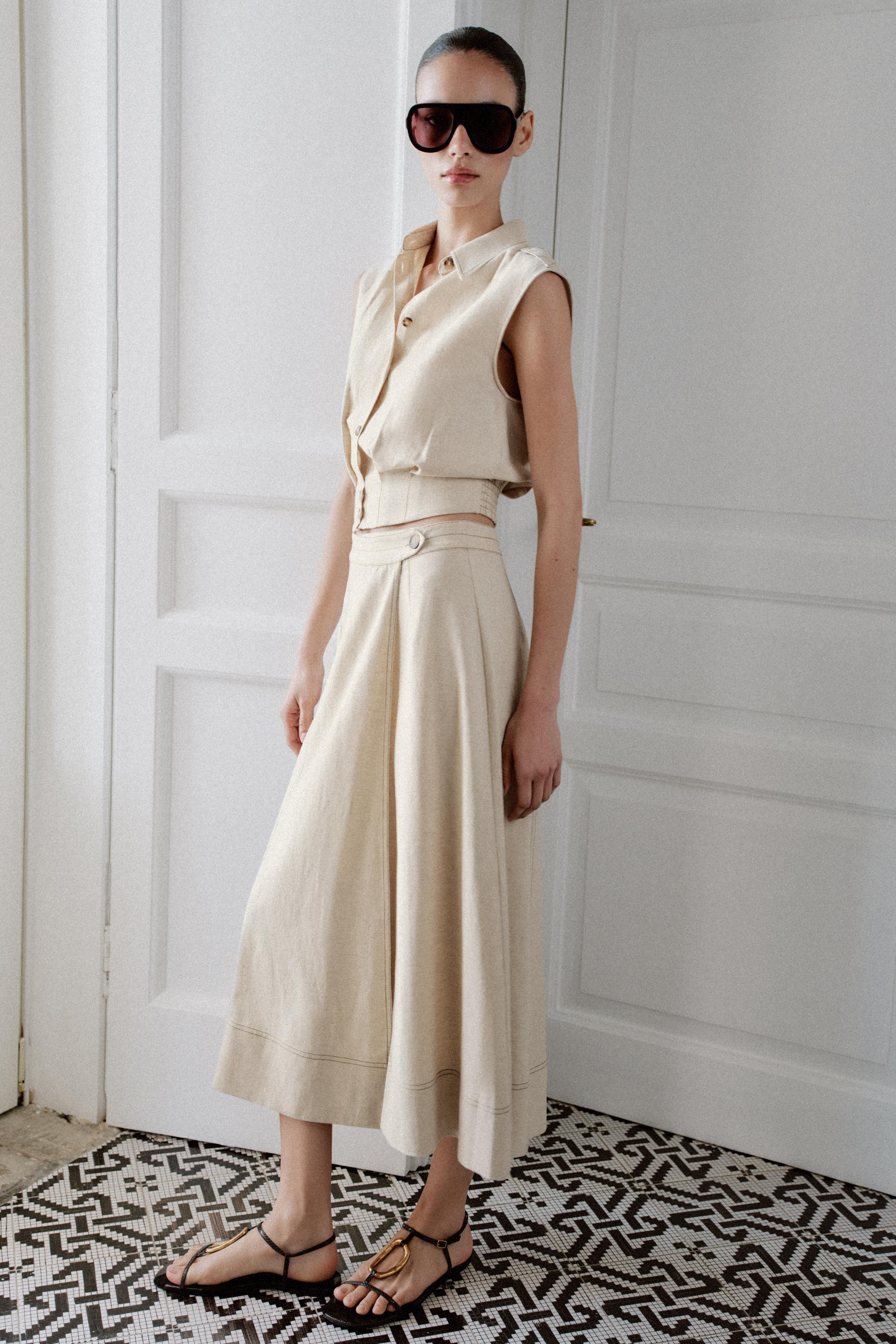 LINEN BLEND WRAP MIDI SKIRT
