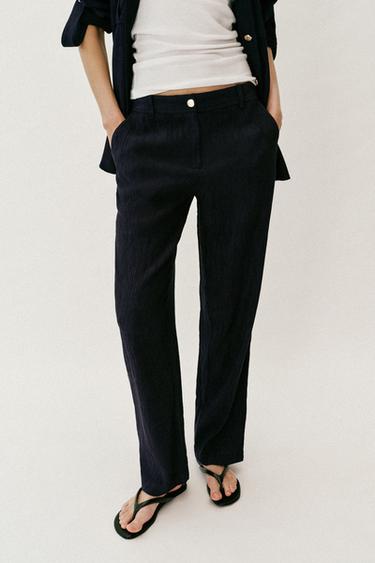 WRINKLED-EFFECT STRAIGHT TROUSERS - Navy blue by Zara