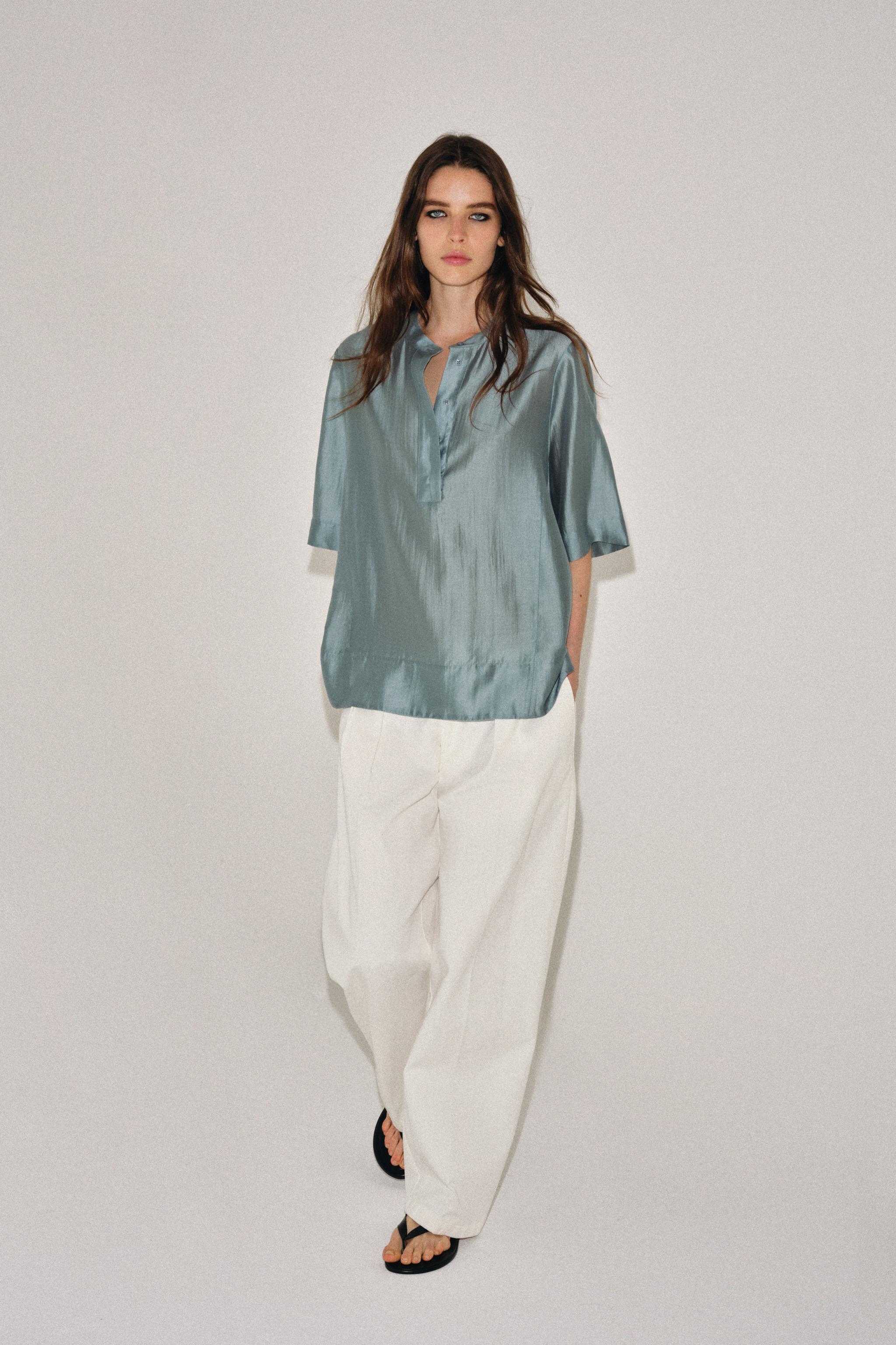 SHORT SLEEVE FLOWY BLOUSE ZW COLLECTION — Blue gray