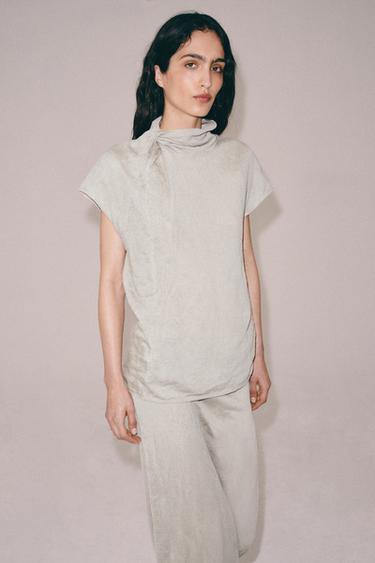 TOP NŒUD EN MAILLE EFFET FROISSÉ - Sable / Chiné de Zara - Image 1