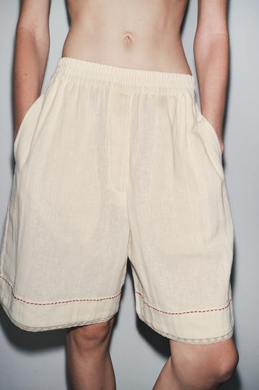 CONTRAST LINEN BLEND BERMUDA SHORTS - LIMITED EDITION - Oyster-white by Zara