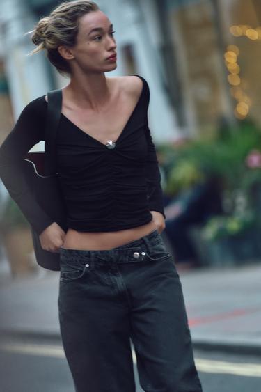 KNIT DRAPE TOP WITH BEAD APPLIQUÉ - Black by Zara