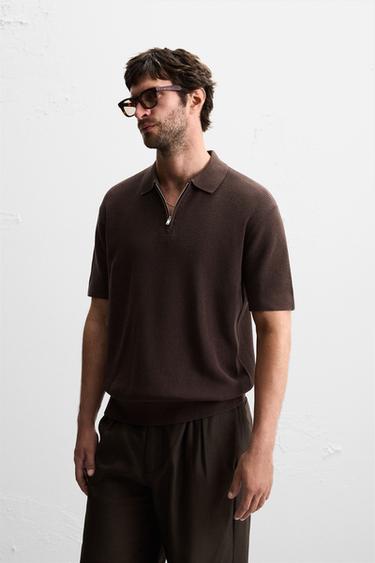 PURL KNIT POLO SHIRT WITH ZIP - Chocolate by Zara