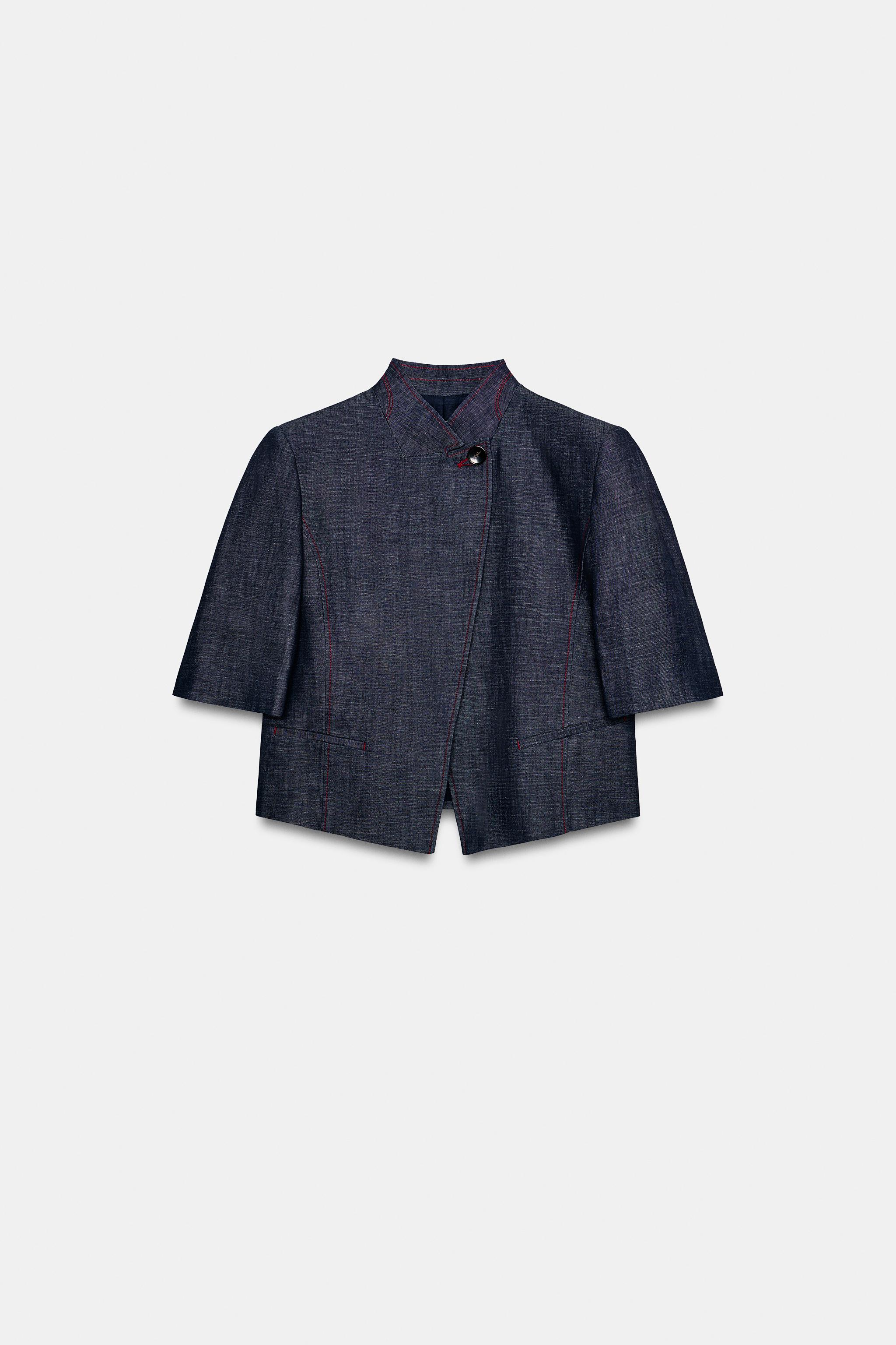 LINEN SHORT SLEEVE BLAZER WITH CONTRAST TOPSTITCHING