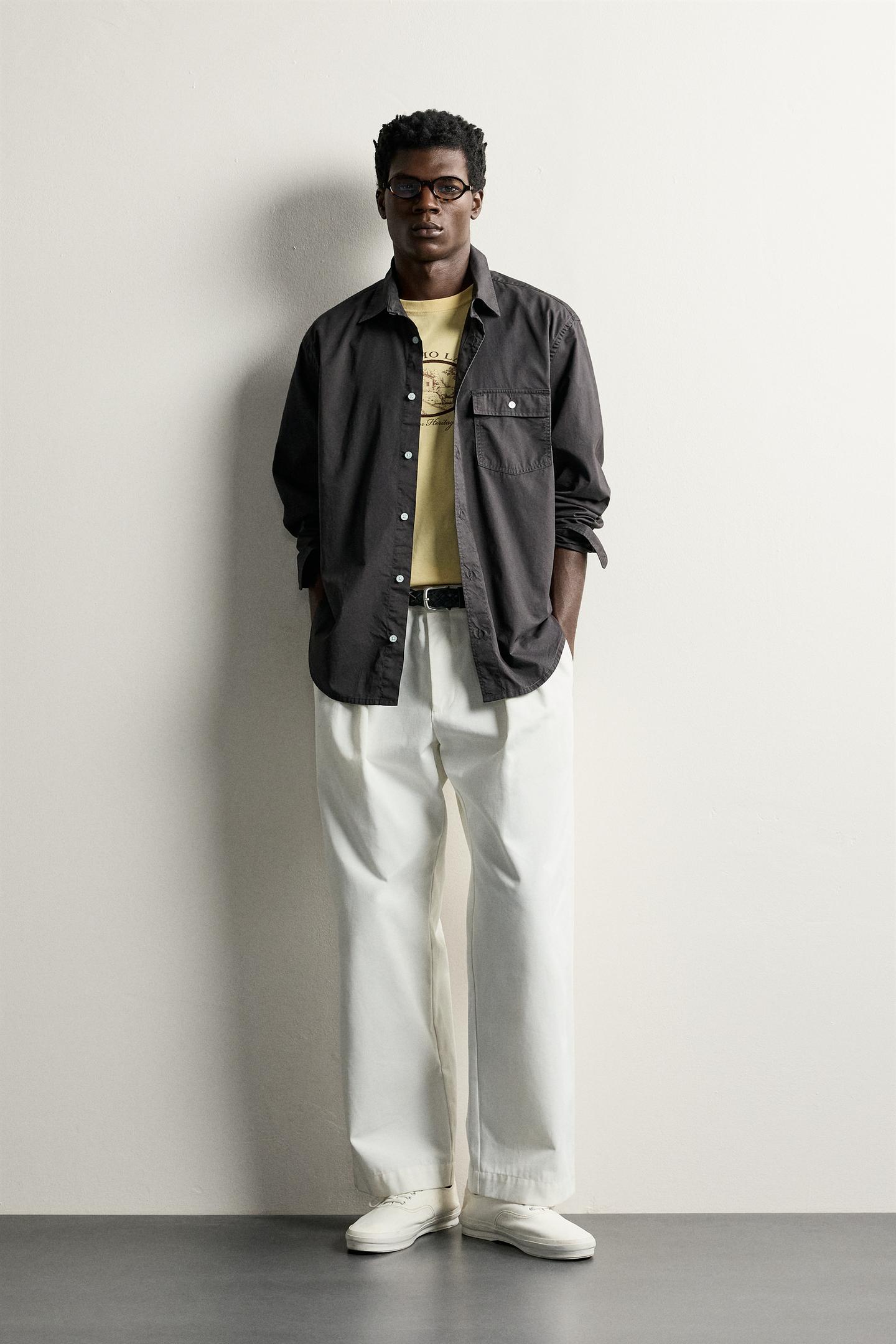 Мужская рубашка Zara Relaxed Fit Pocket, цвет: Тёмный коричневый — фото 1