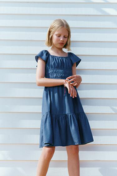 FLOWING SHIRRED DENIM DRESS - Blue by Zara