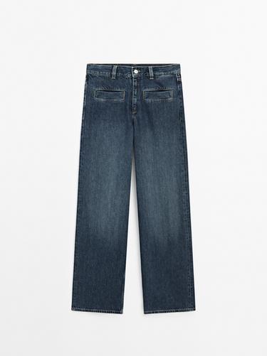 Jeans wide leg tiro alto detalle bolsillos - Azul medio de Zara