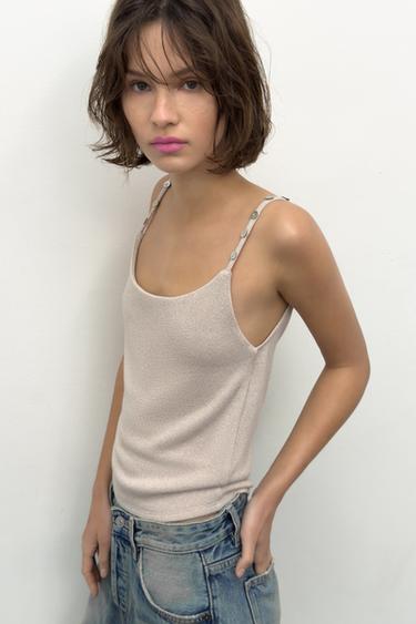 BUTTONED BIAS CUT KNIT TOP - Sand by Zara