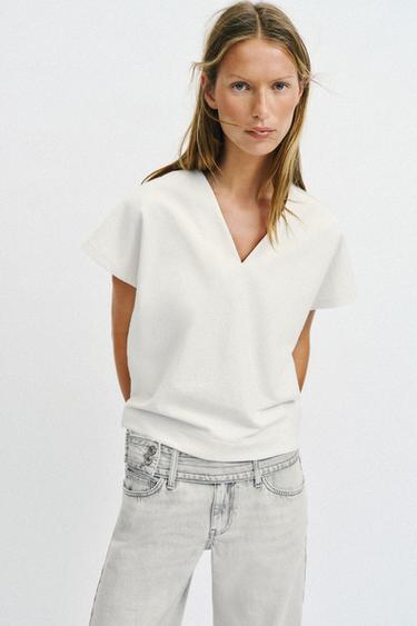 RUSTIC V-NECK T-SHIRT - Oyster-white by Zara