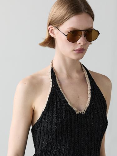 Top en grosse maille encolure américaine contrastante - Noir de Zara